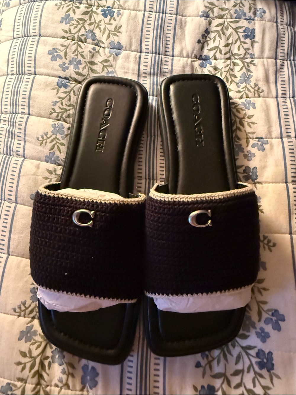 NWT Coach Black Crochet Slide Sandals with Cream Trim and Silver Hardware